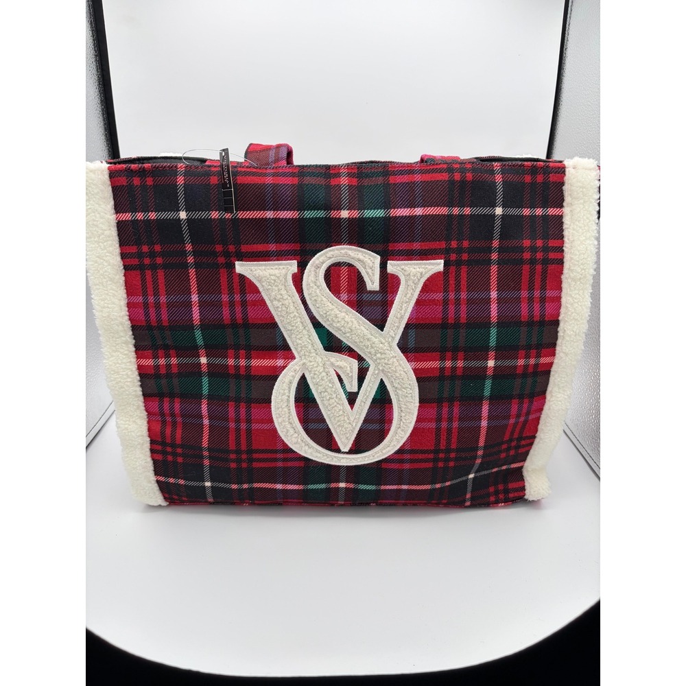 Victoria's Secret Tote Bag Women OS Red Plaid Sherpa Trim VS Logo Brand New